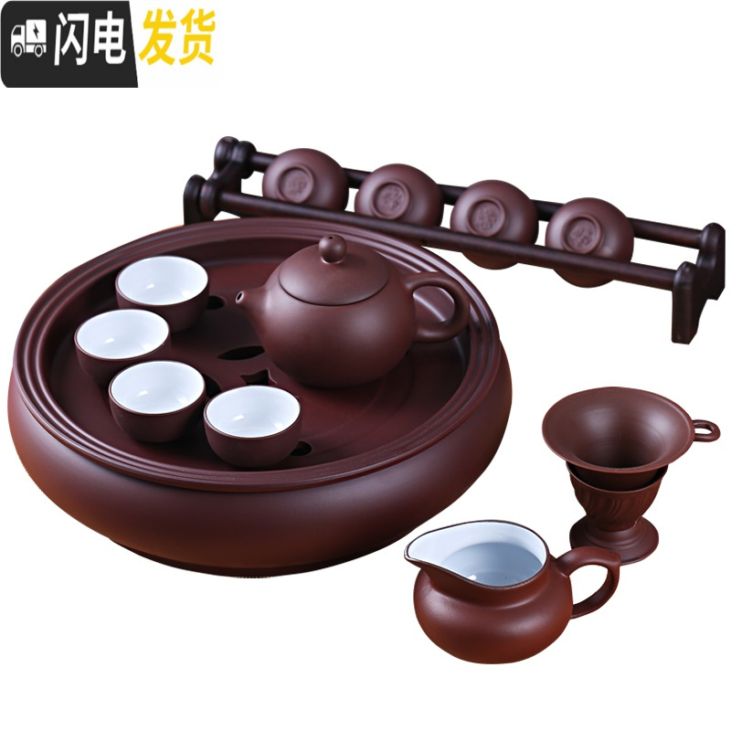 三维工匠功夫茶具套装现代紫砂茶具泡茶茶杯茶壶茶盘套装整套陶瓷简约家用 纯黑色盖碗套装8小杯+六君子