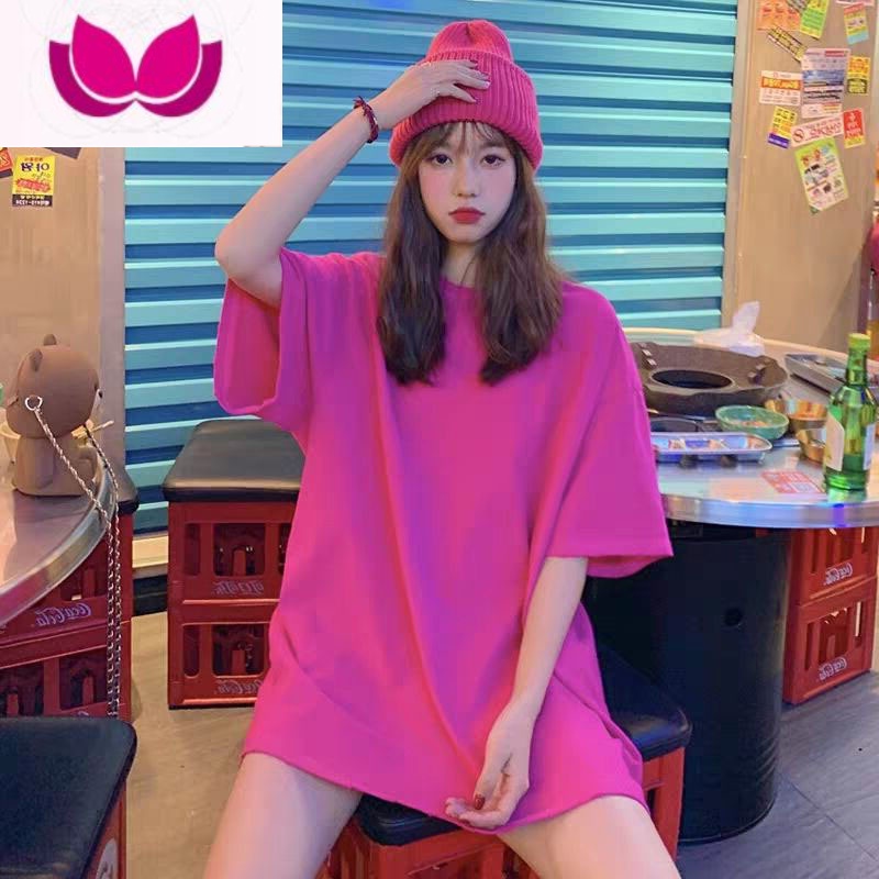 七斓玫红色t恤女短袖大码网红2023新款夏ins风T中长款宽松纯色上衣潮高清大图