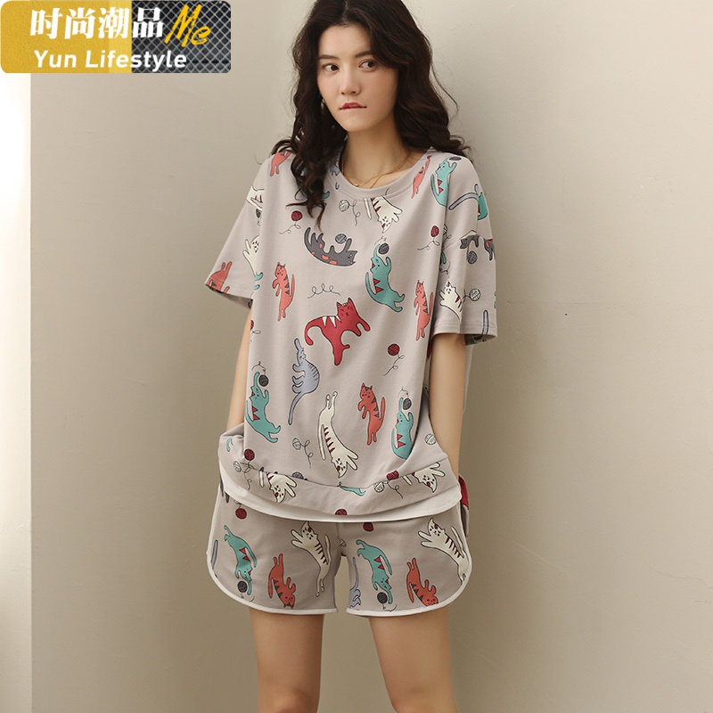 YUNWUXIN睡衣女夏季短袖短裤棉韩版宽松夏天秋季大码胖MM家居服两件套装睡衣
