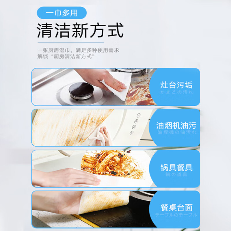 妮飘(Nepia)厨房湿巾80抽*4包整箱99.9%杀菌去油污家用懒人抹布一次性湿纸巾高清大图