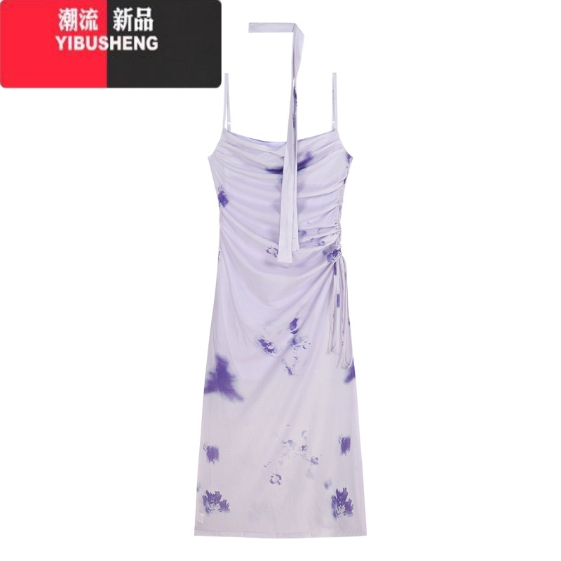 YIBUSHENG紫色晕染荡领吊带连衣裙女季性感纯欲长裙子褶皱收腰开叉包臀裙高清大图
