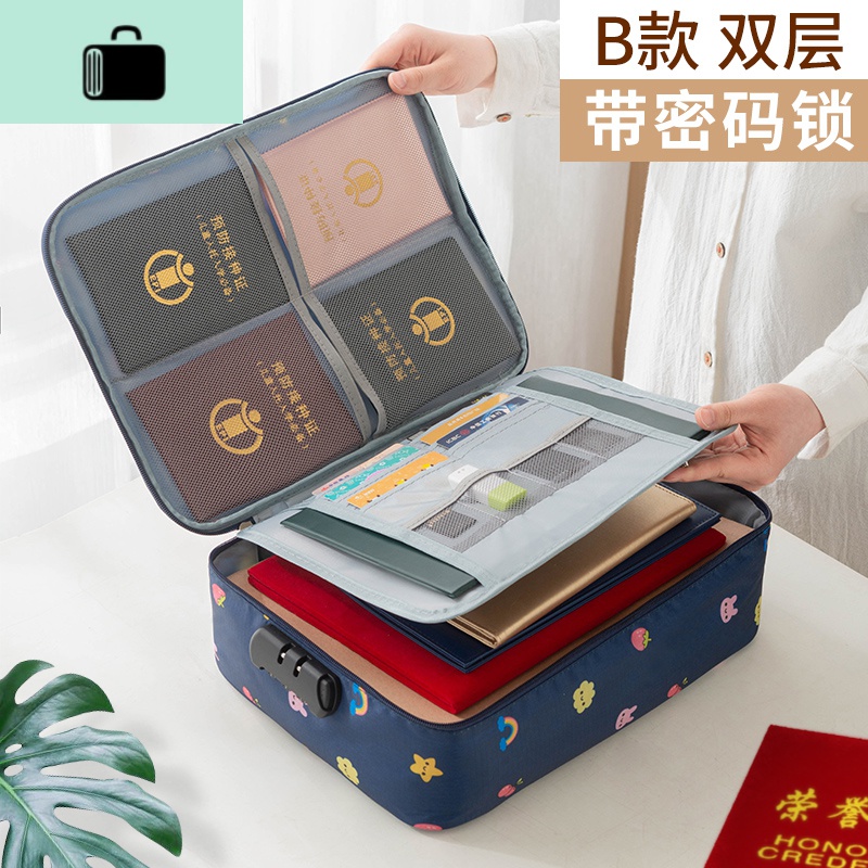 收纳包收纳盒家用重要卡包大容量家庭资料文件证书收纳包箱套NEW LAKE女士钱包/卡包 2层-有锁款【藏青缤纷】