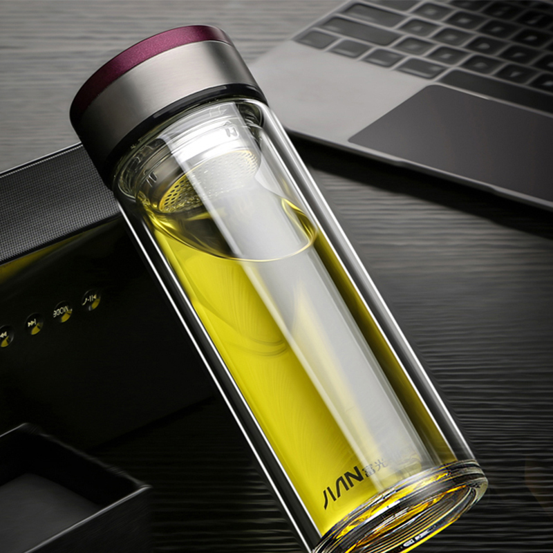 富光 1705泡茶杯 350ml双层带盖过滤 玻璃水杯商务茶杯 (单位:个)