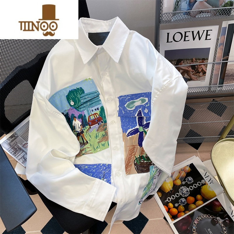YANXU法式复古感别致涂鸦油画衬衫男女秋季宽松chic港风长袖上衣潮高清大图