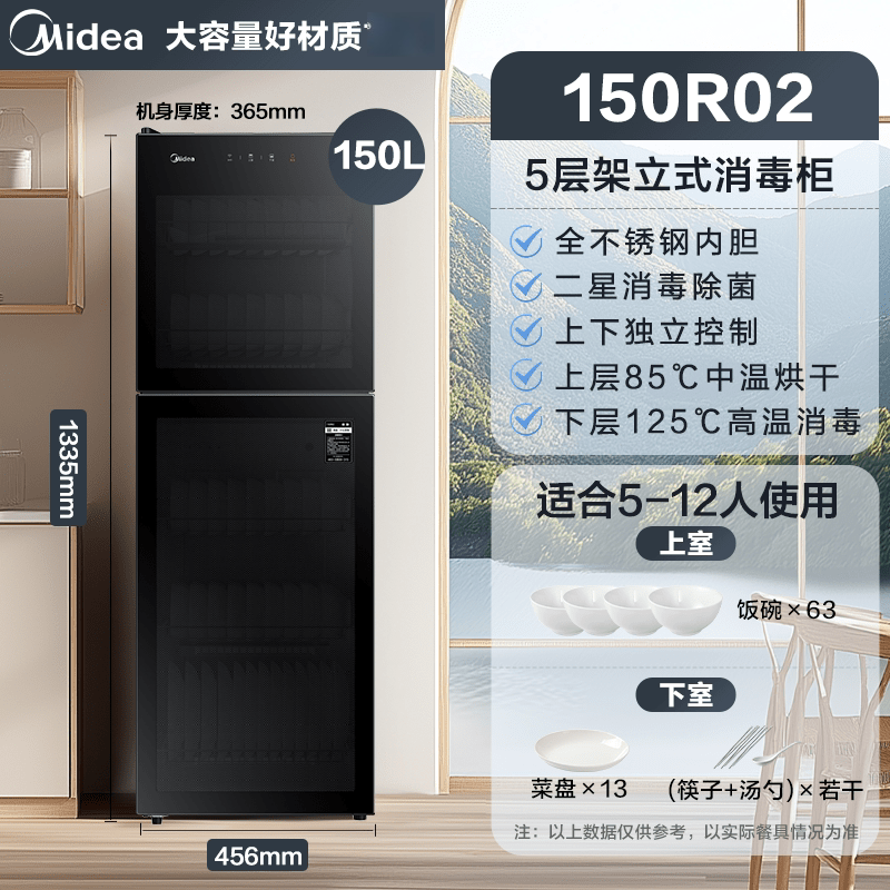 美的(Midea)消毒柜家用立式 二星级双门5层消毒碗柜 家商两用大容量150L 婴儿母婴消毒 150R02高清大图