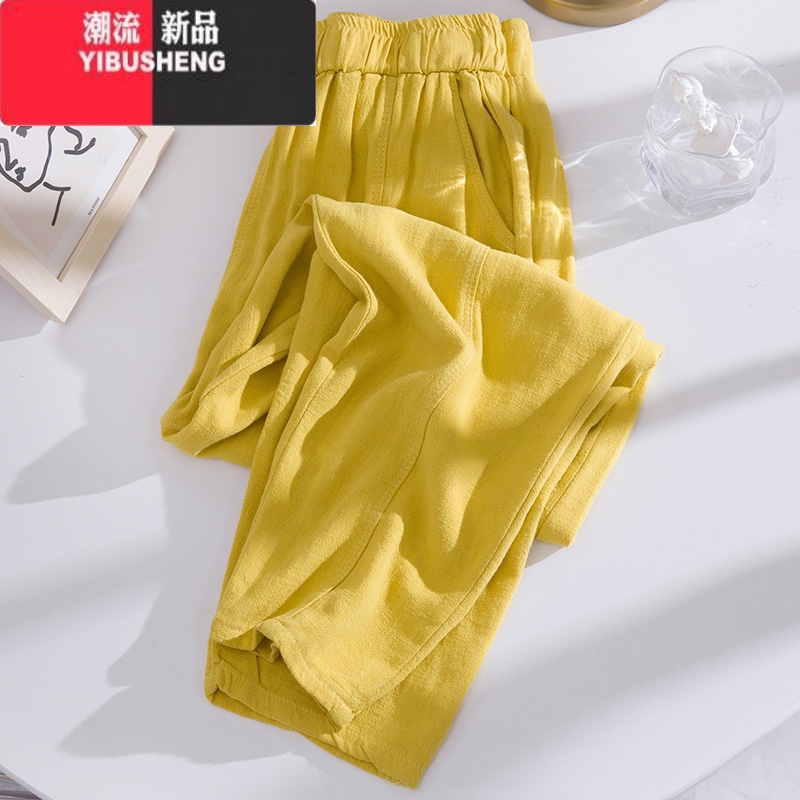 YIBUSHENG2023新款季薄款棉麻裤女哈伦宽松直筒奶奶裤九分亚麻休闲裤子 L建议101-115斤 黄色