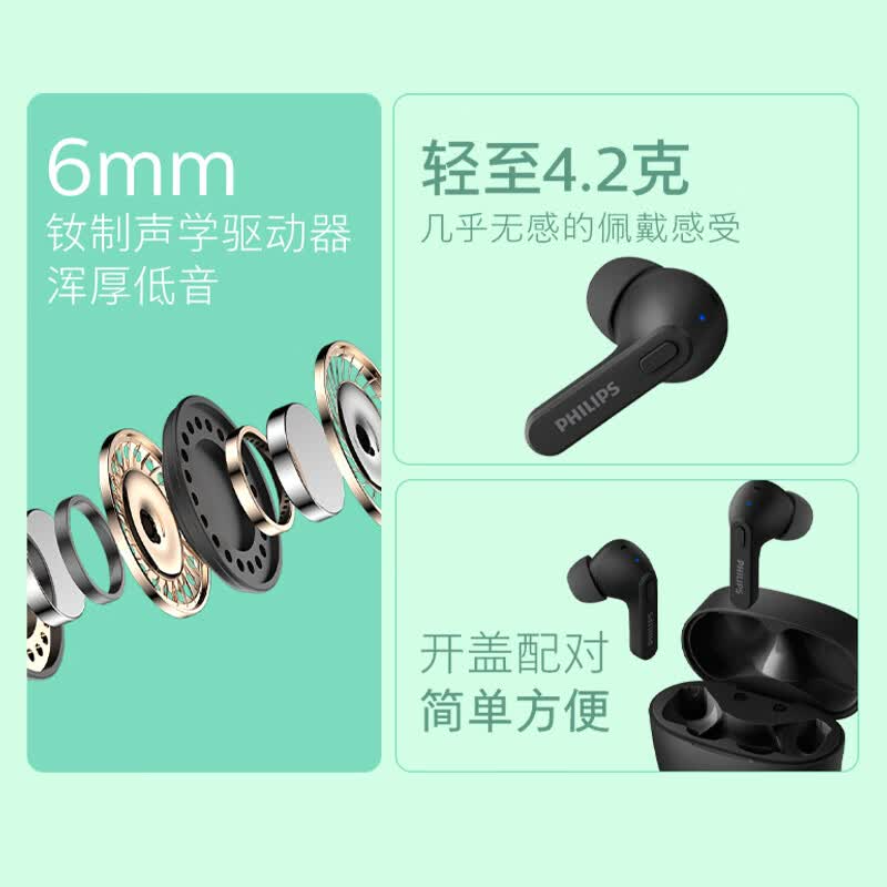 飞利浦(PHILIPS)真无线蓝牙耳机耳机降噪苹果华为小米手机TAT2206BK 黑色高清大图