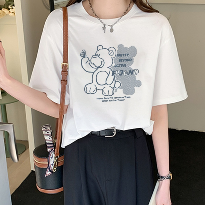 唐狮 女上衣夏短袖清凉夏季新款可爱小熊图案慵懒风上衣时尚百搭潮