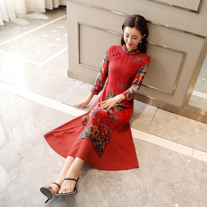 改良旗袍连衣裙女长裙女士夏款新品文艺印花红色汉服长款禅意茶服