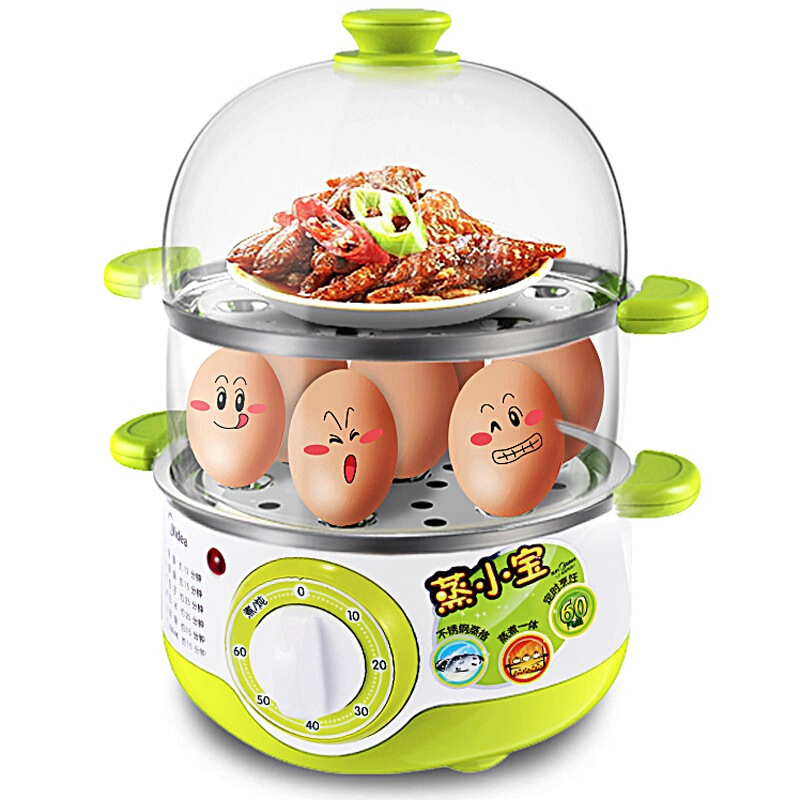 绿 美的(Midea)煮蛋器蒸蛋器 家用迷你早餐机神器 双层多用电蒸锅智能防干烧 煮鸡蛋