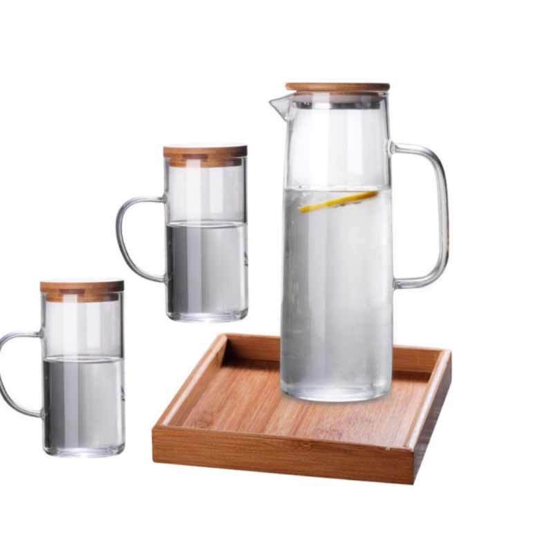 梵轩 玻璃冷水壶带竹盖套装凉水壶杯子1856