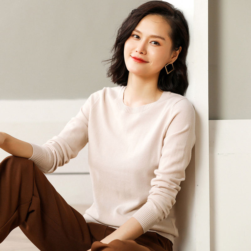 恒源祥女士针织/毛衣 恒源祥羊毛衫女秋冬修身圆领针织衫纯色套头打底