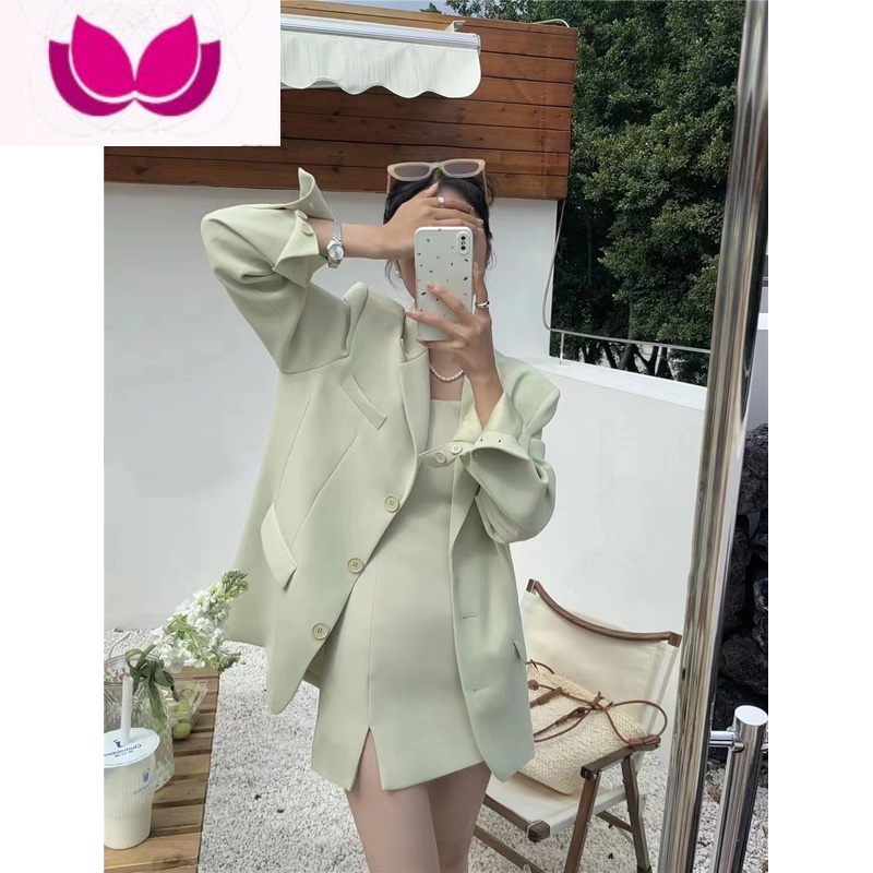 七斓2023春季新款韩版气质百搭西装外套女高级感宽松休闲小西服套装裙 M 香草绿(上衣+裙子)