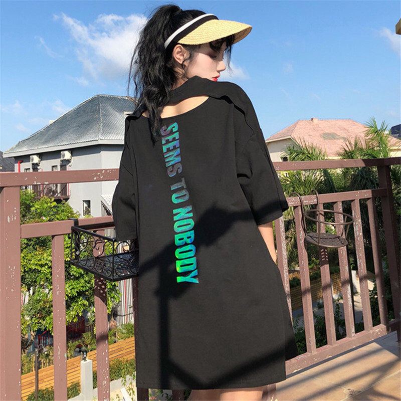 破洞露背中长款原宿风嘻哈短袖T恤上衣学生hiphop女衣服潮
