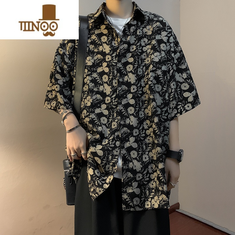 YANXU港风复古冰丝碎花衬衫男生短袖垂感痞帅潮牌宽松休闲古着衬衣外套高清大图