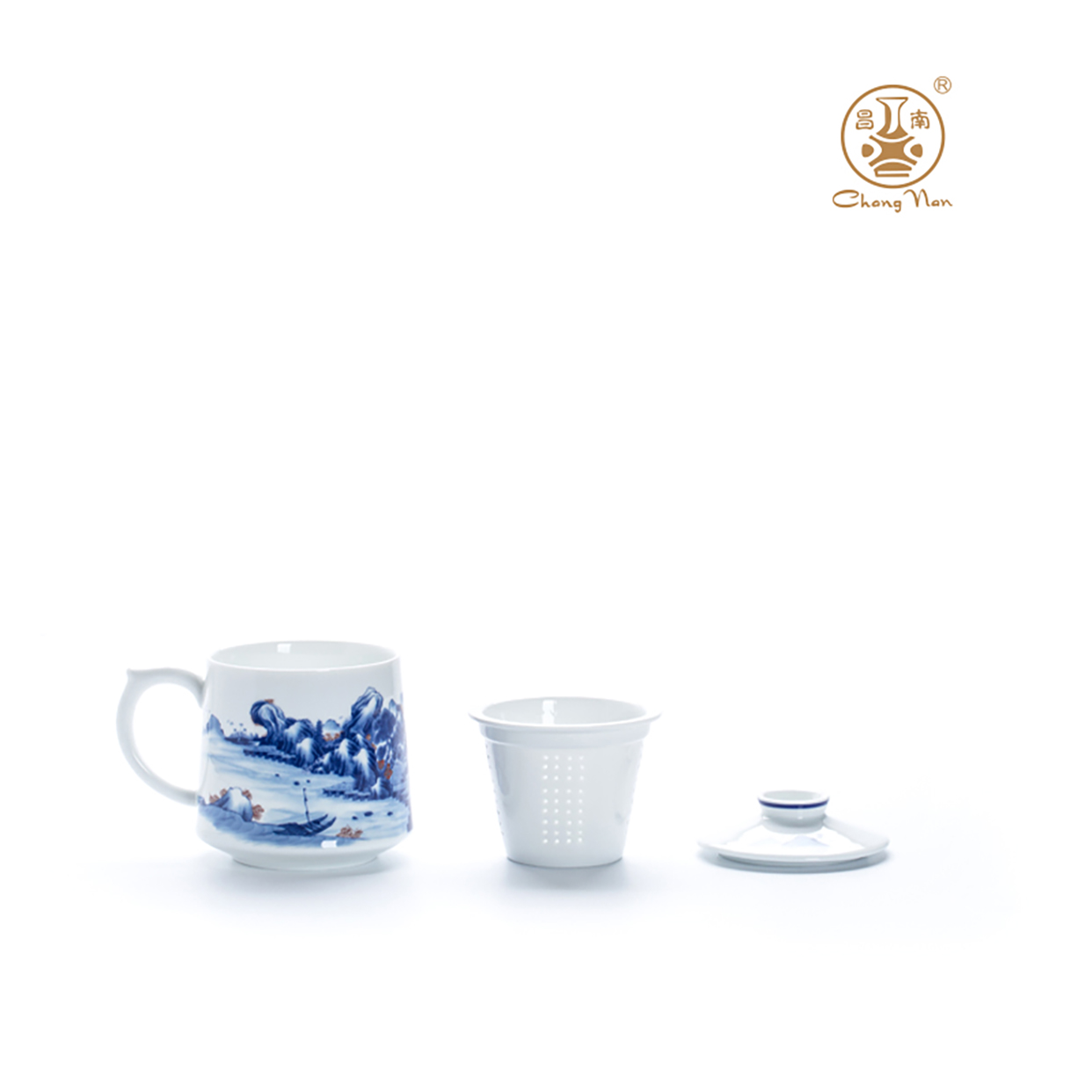 昌南 青花釉里红“山水图”茶杯高清大图