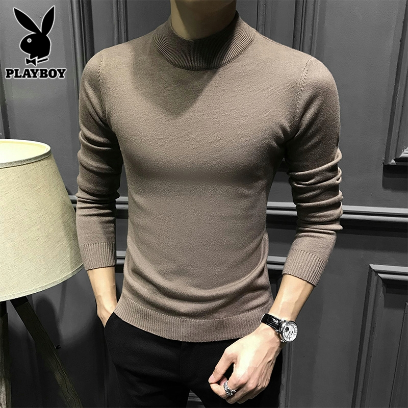 花花公子半高领毛衣男士内搭打底衫线衣春季新款修身纯色针织衫男高清大图