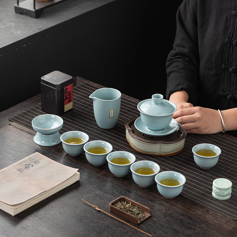 高档10头汝窑功夫茶具套装整套精品陶瓷全套礼品伴手礼耐高温礼盒-汝窑/10件套-中国汝瓷高清大图