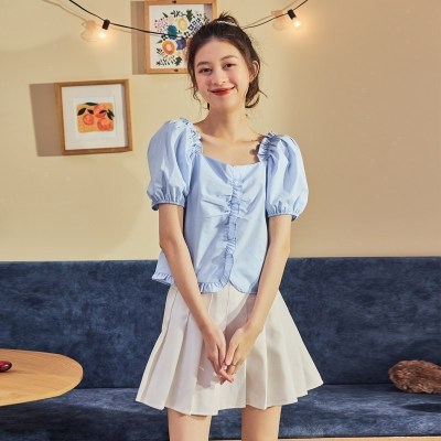 [2.5折价46元]唐狮新款衬衫女夏薄款短袖外套泡泡袖衬衣设计感法式小众上衣
