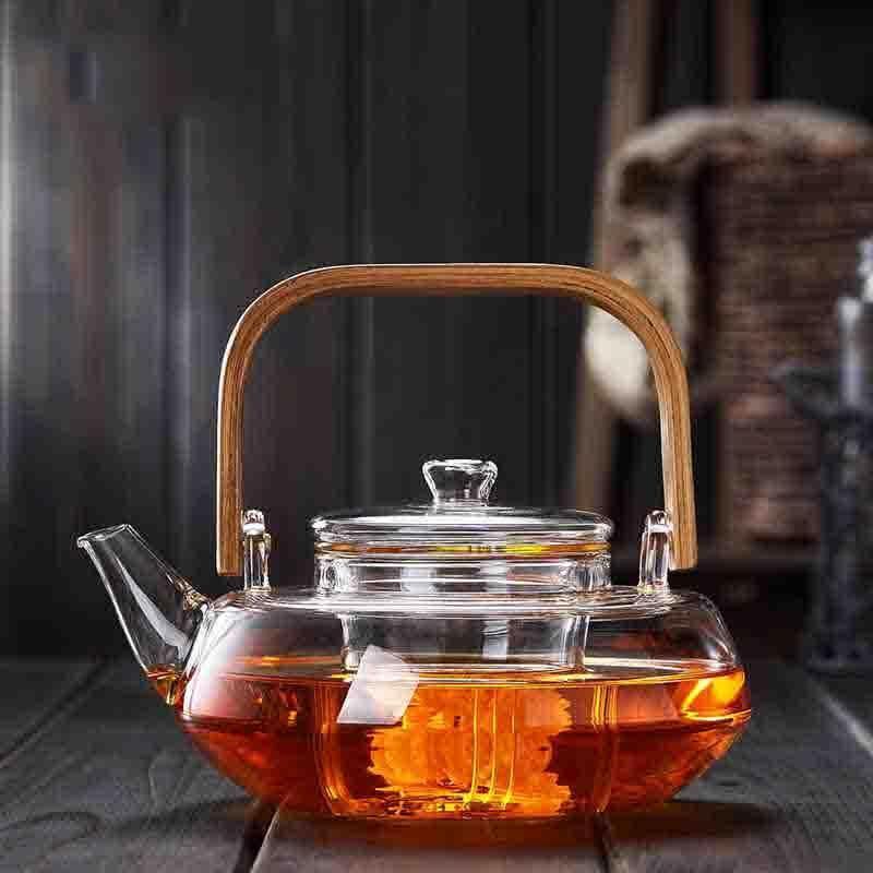 玻璃茶壶水壶提梁壶竹把耐高温加厚泡茶壶普洱黑茶煮茶壶 1壶+4杯+茶盘