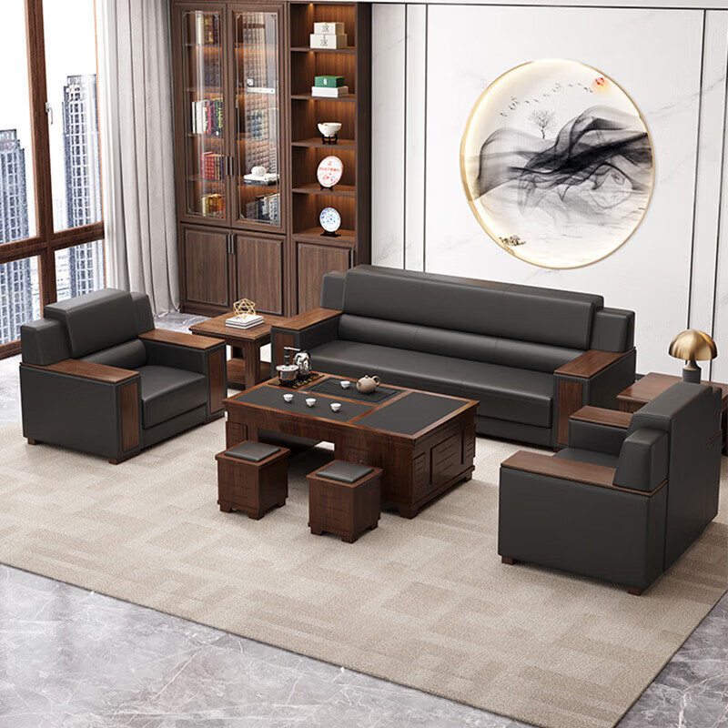 誉卓远办公室沙发新中式商务会客接待洽谈 三人位（耐磨西皮）高清大图