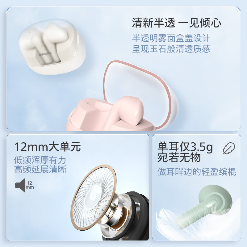 飞利浦(PHILIPS)无线蓝牙耳机双麦AI通话降噪运动耳机苹果华为小米安卓手机通用TAT2138白色高清大图