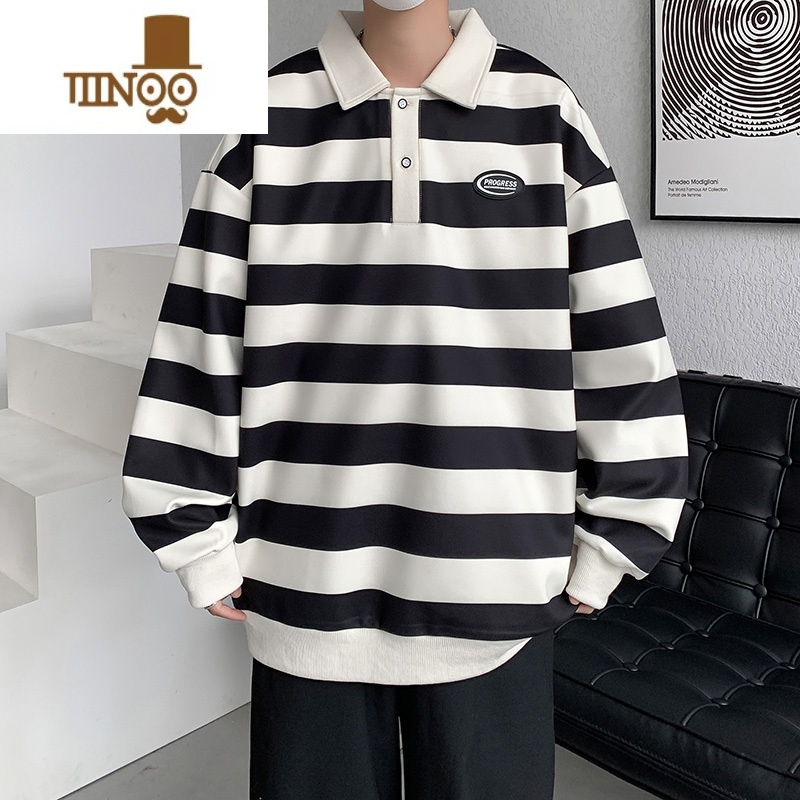 YANXU翻领卫衣男士宽松长袖polo衫休闲复古情侣条纹外套上衣高清大图