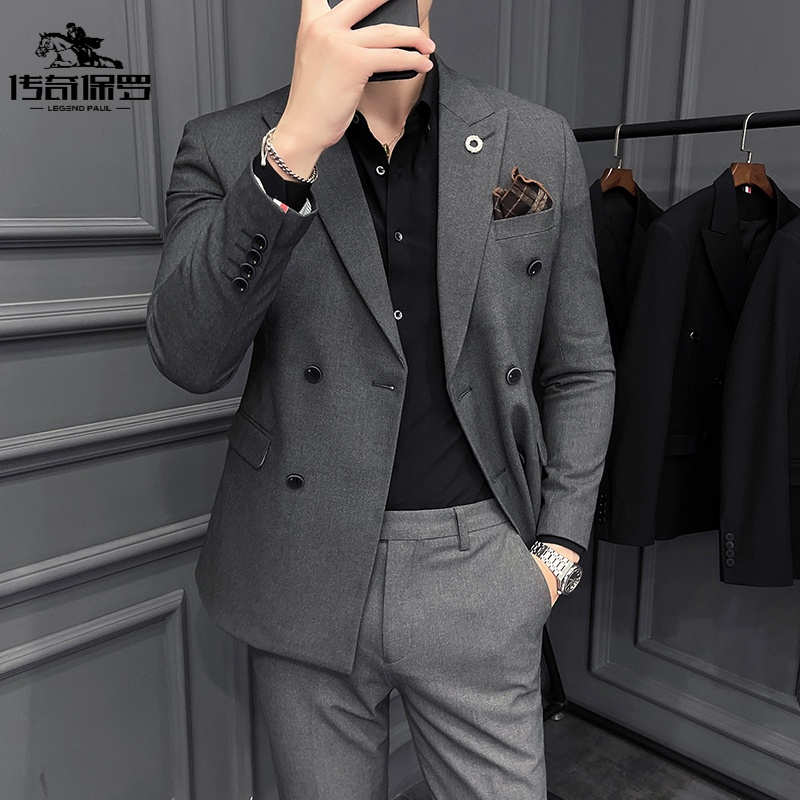 传奇保罗(chuanqibaoluo)21新款男装英伦风双排扣男士西装修身西服