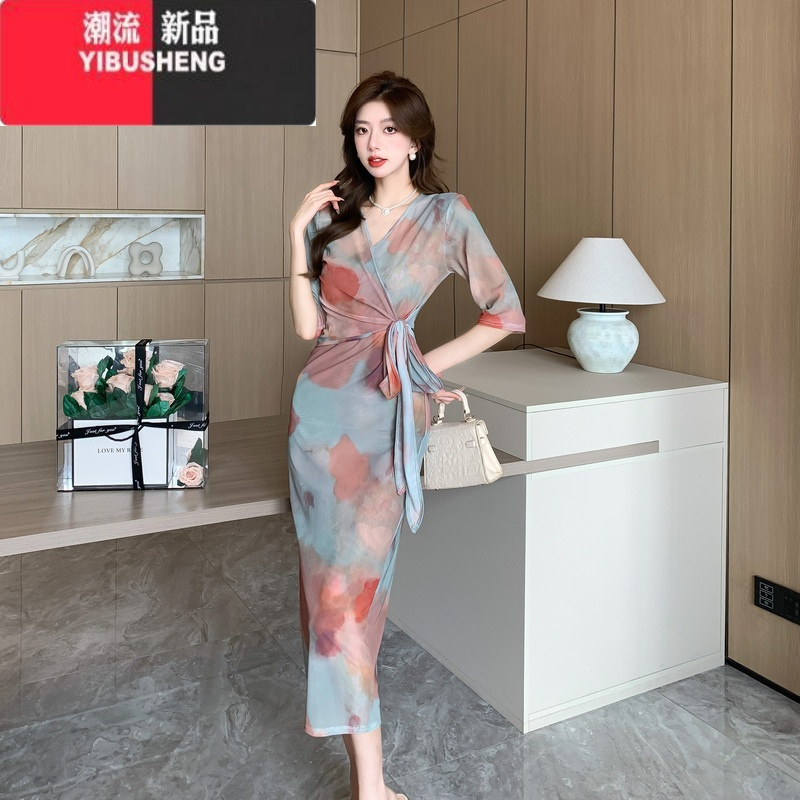 YIBUSHENG法式油画晕染连衣裙女季气质女人味v领收腰长裙小众开叉包臀裙