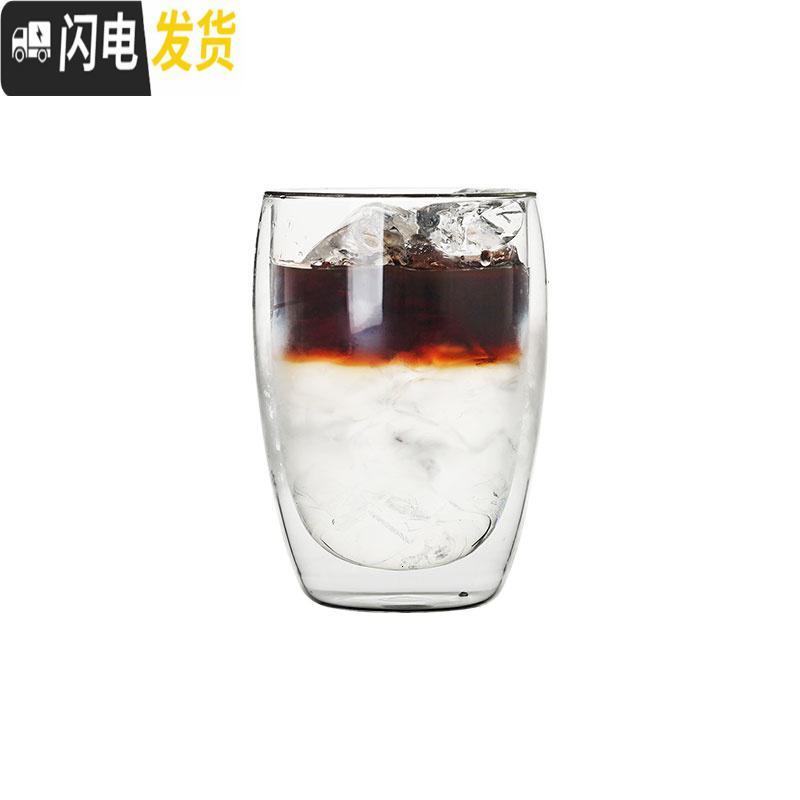 三维工匠简约双层隔热透明玻璃杯耐冷热咖啡杯创意圆形水杯果汁杯子冷饮杯 350咖啡器具高清大图