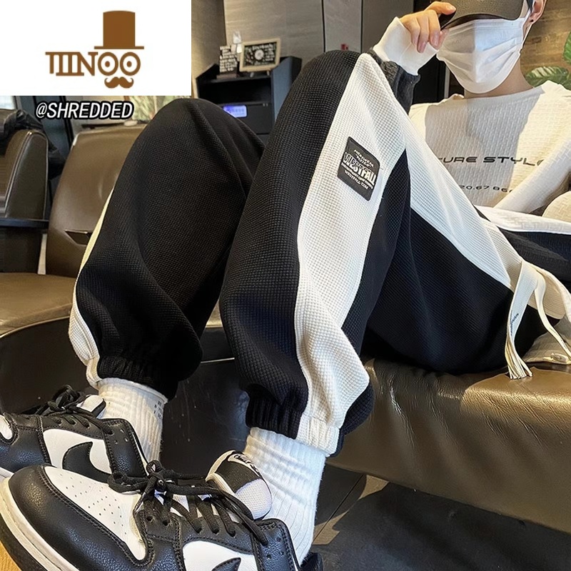 YANXU拼色华夫格裤子男宽松大码潮牌ins港风青少年束脚子脚X束高清大图