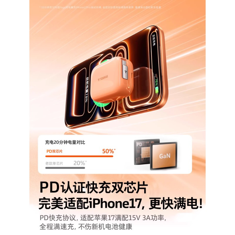 图拉斯-YOGA系列伸缩线充电器45W(双C口)-加贴SN码星宇橙色高清大图