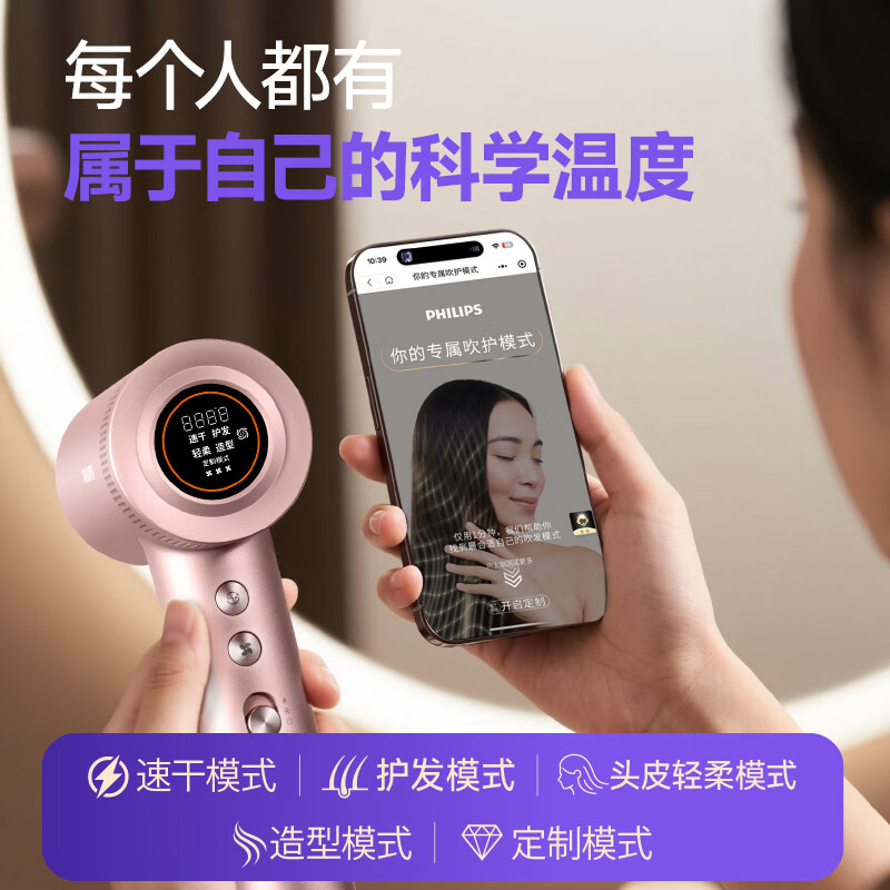 飞利浦(PHILIPS)7系PRO高速护发吹风机鎏金筒负离子水离子呵护家用轻音小巧便携金生日礼物送女友BHD737/05高清大图
