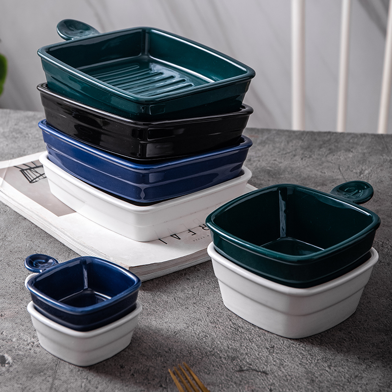 凌天 北欧水手带柄5英寸创意陶瓷方形芝士烘焙焗饭碗网红情侣家用西餐碗高清大图