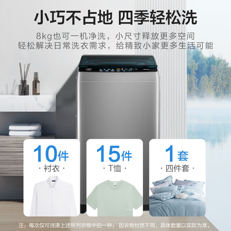 海尔(Haier)波轮洗衣机小型全自动家用 8公斤容量 一体盖全桶换风 宿舍出租房 EB80Z33Mate1