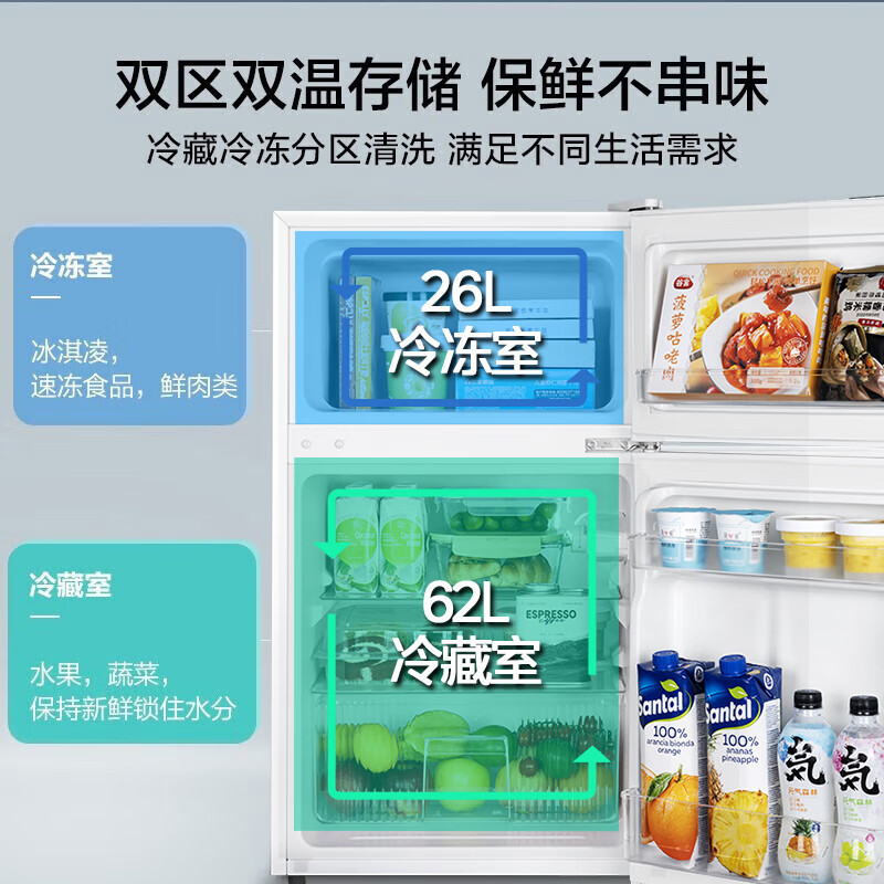 美的(Midea)88升迷你双开门小冰箱BCD-88CM白色 租房宿舍办公室小型家用双温可冷冻冷藏节能