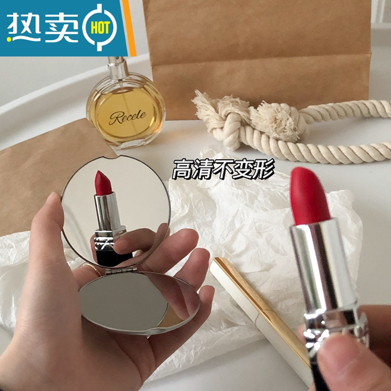 敬平ins手持双面小镜子女随身携带折叠化妆镜翻盖式不锈钢小号便携 银色便携式用镜高清大图