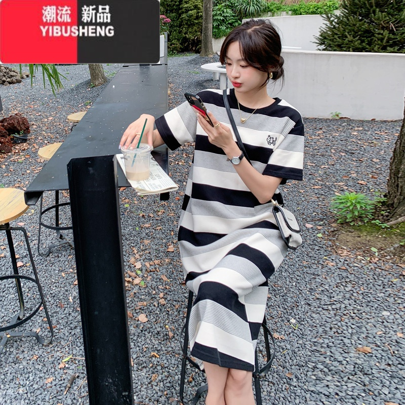 YIBUSHENG长款过膝短袖连衣裙女大码韩版宽松2024条纹t恤裙懒人孕妇裙子