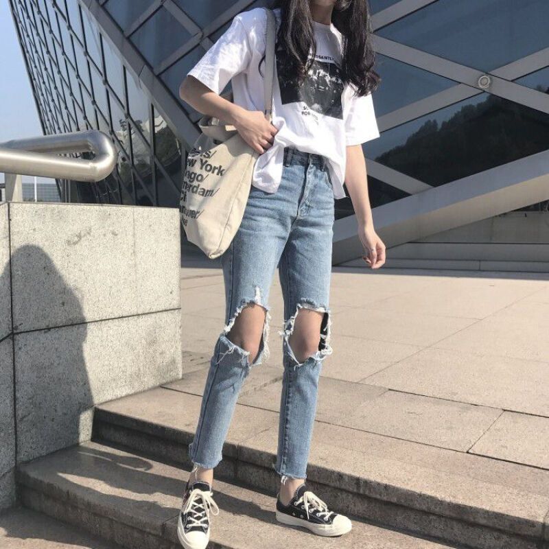 秋韩版宽松做旧边破洞九分直筒裤脚长裤高腰仔裤图片