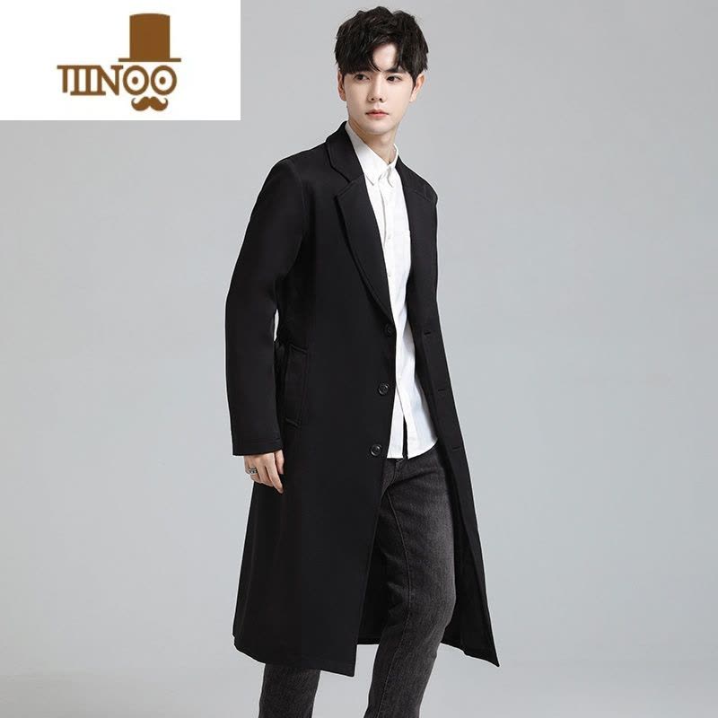 YANXU新款秋季男士中长款西服领修身风衣男装韩版休闲长款过膝大衣外套图片