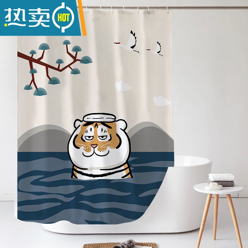 敬平日式可爱卡通浴帘套装免打孔防水洗澡遮光浴室挂帘隔断帘 萌虎泡澡 宽1.5m*高2.0m不含杆