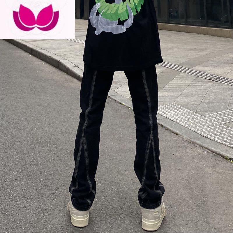 七斓欧美vibe风复古拼接牛仔裤男高街直筒宽松设计感小众潮牌炸街裤子图片