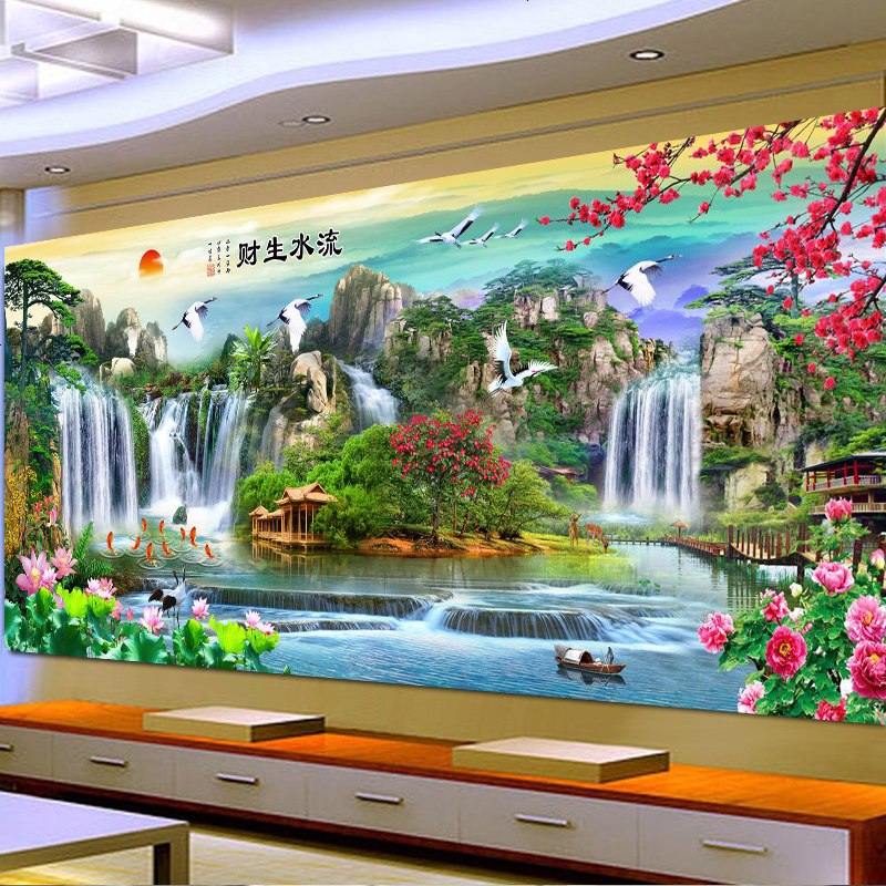 蒙娜丽莎印花十字绣新款客厅线绣简约现代大幅流水生财风景山水画