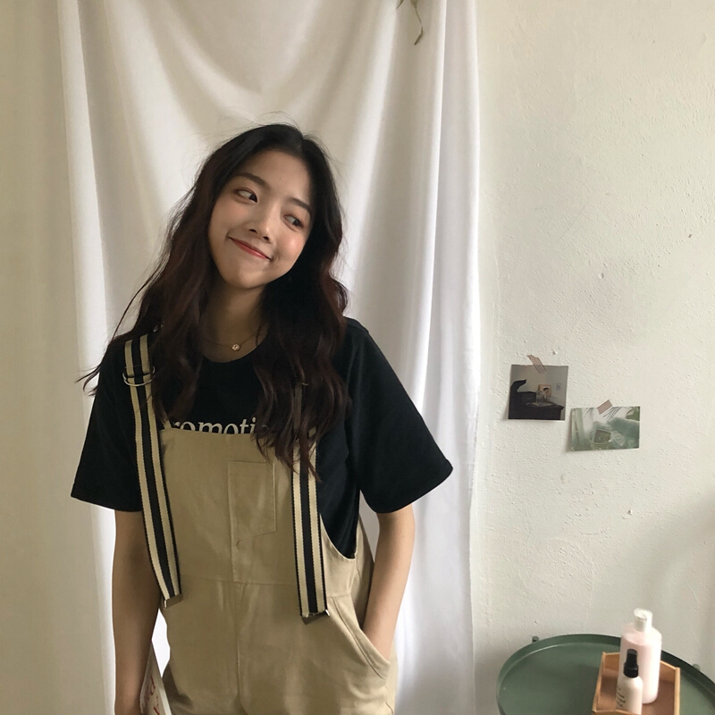 破洞连体裤女春夏装2018新款韩版宽松工装背带裤九分直筒休闲裤潮卡其色均码