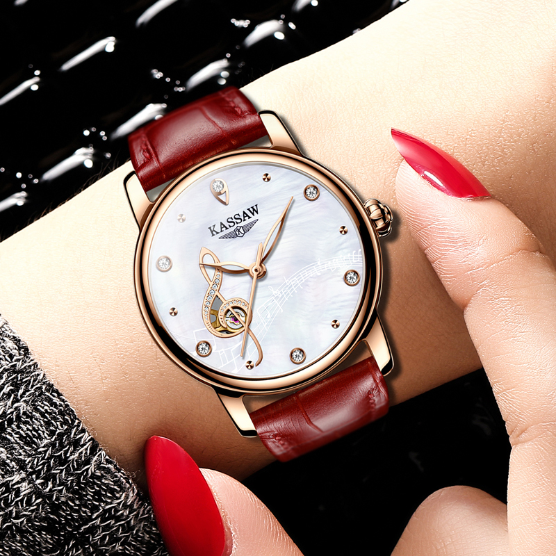 卡梭(KASSAW)手表女表自动机械表商务LOVE系列音符女士表时尚潮流镶钻皮带防水夜光K815L高清大图