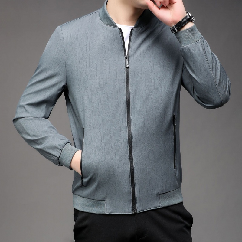 春秋新款休闲男款纯色夹克外套防风衣棒球领暗纹中年夹克_1
