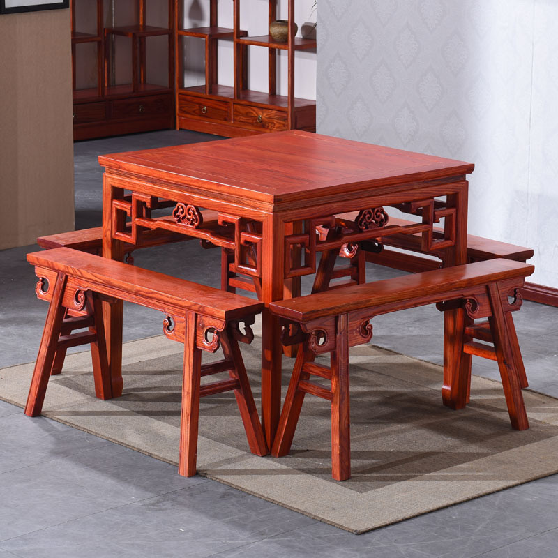 寻木匠新中式实木铜钱八仙桌饭店仿古榆木小四方桌餐馆餐桌椅组合