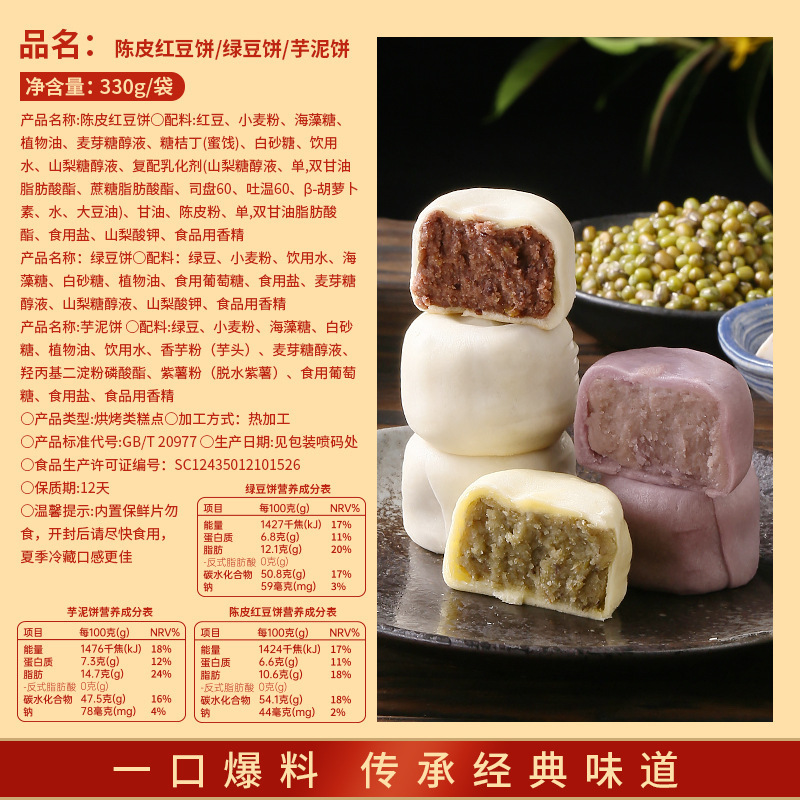 冰皮绿豆+冰皮芋泥+陈皮红豆 330g/盒 30枚冰皮绿豆饼陈皮红豆芋泥饼传统糕点心健康解馋小零食小吃休闲食品高清大图