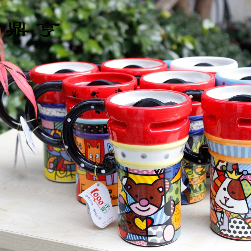 鼎亨仟度彩绘陶瓷杯创意水杯情侣对杯子大容量马克杯勺