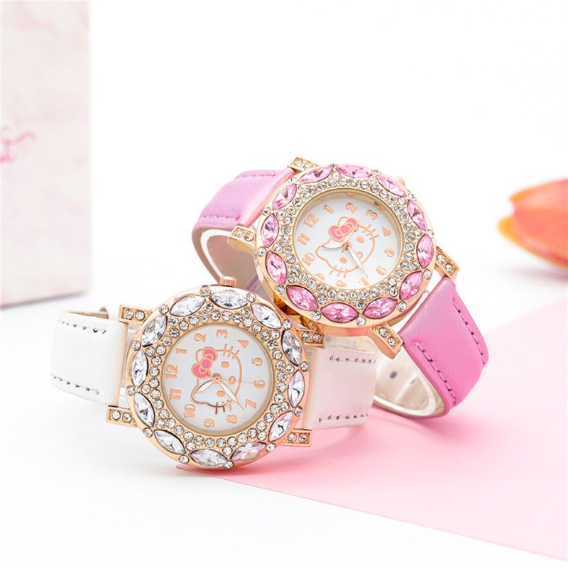 粉色手表电池女生可爱镶钻hellokity电子女孩中学生儿童手表公主数字